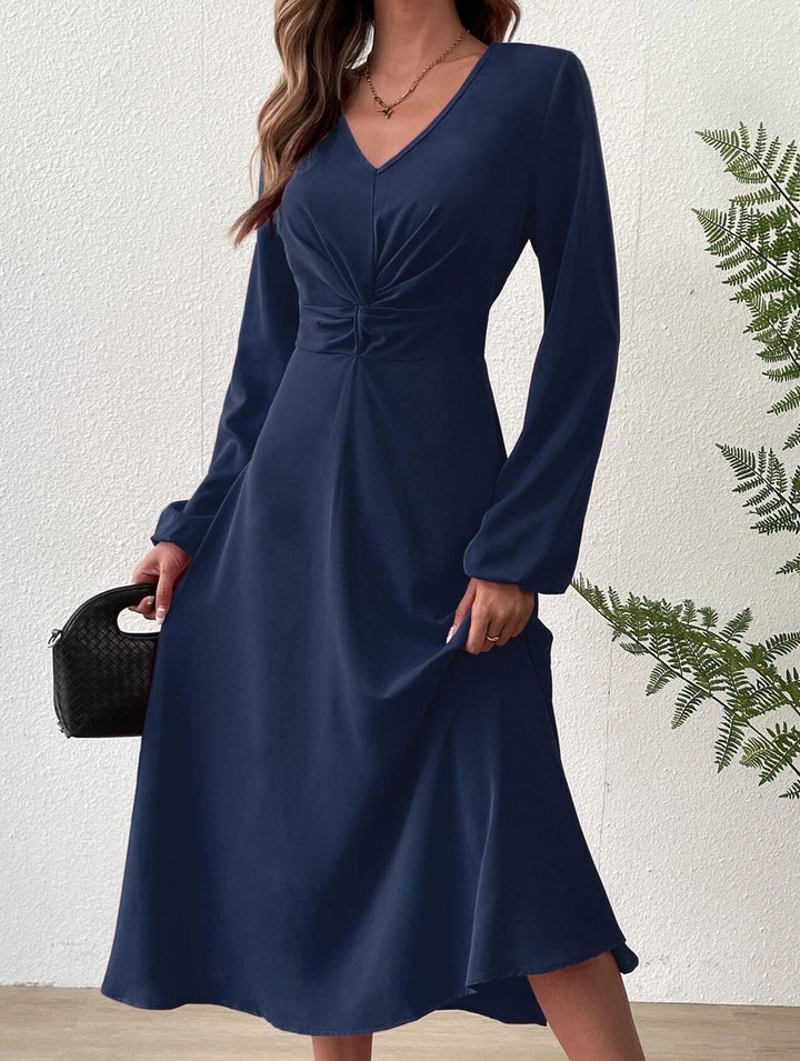 Fashionable V-neck lantern long-sleeved dress – White Dress