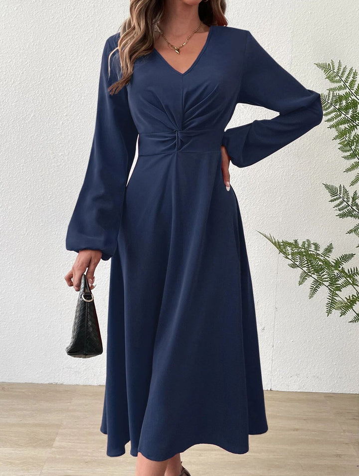 Fashionable V-neck lantern long-sleeved dress – White Dress
