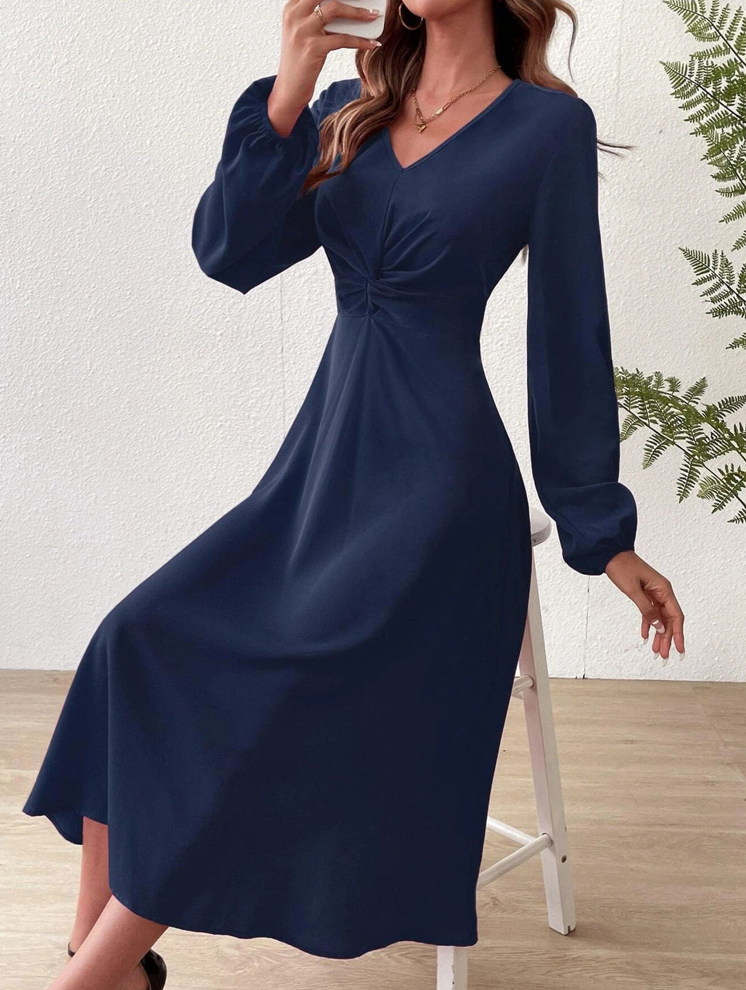 Fashionable V-neck lantern long-sleeved dress – White Dress
