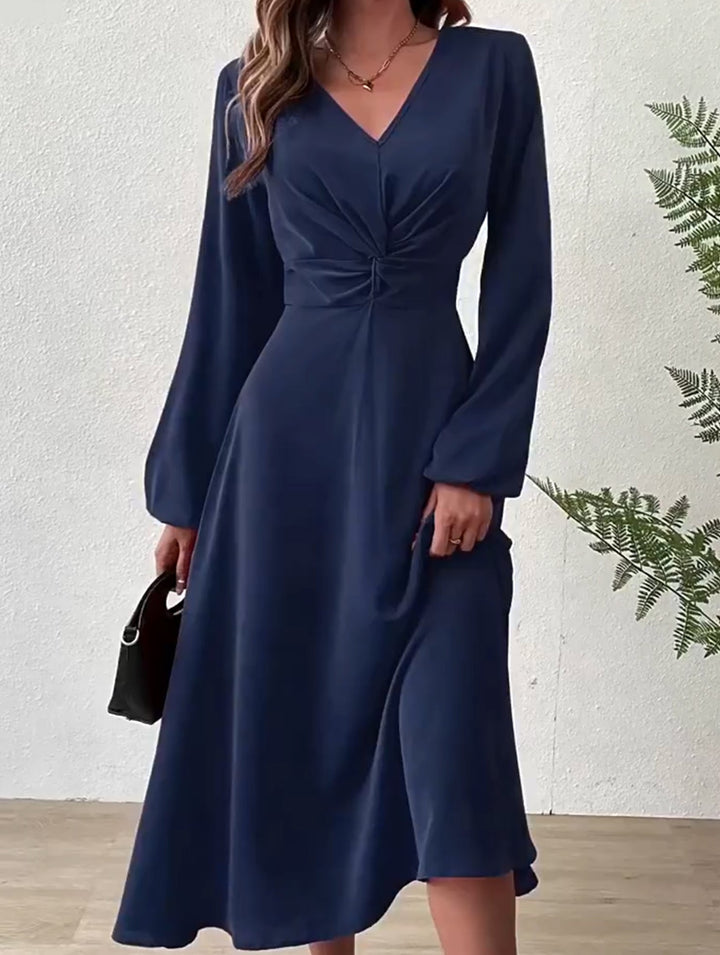 Fashionable V-neck lantern long-sleeved dress – White Dress