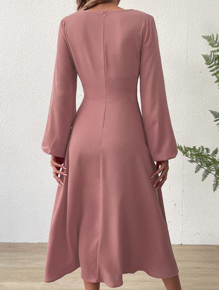 Fashionable V-neck lantern long-sleeved dress – White Dress