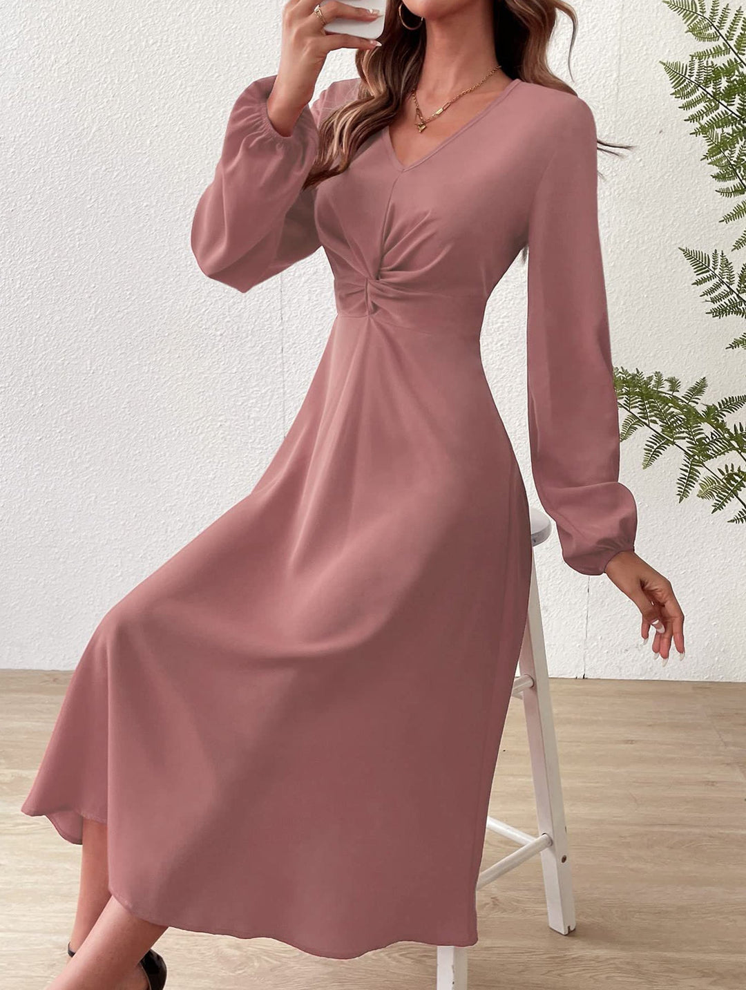 Fashionable V-neck lantern long-sleeved dress – White Dress