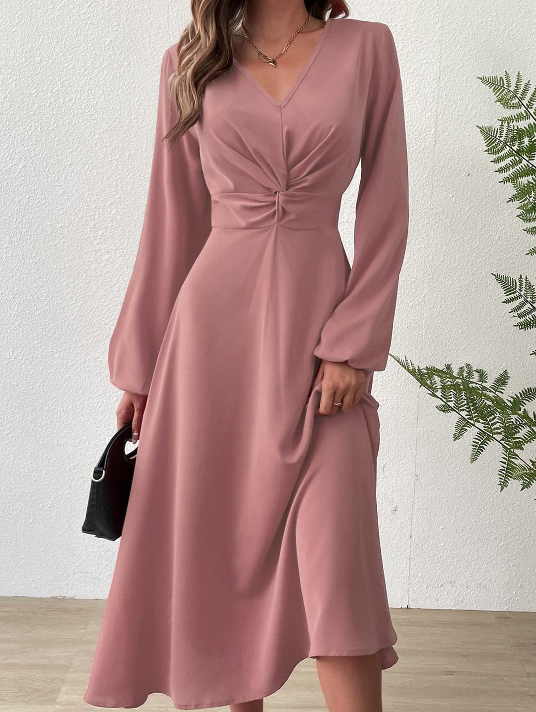 Fashionable V-neck lantern long-sleeved dress – White Dress