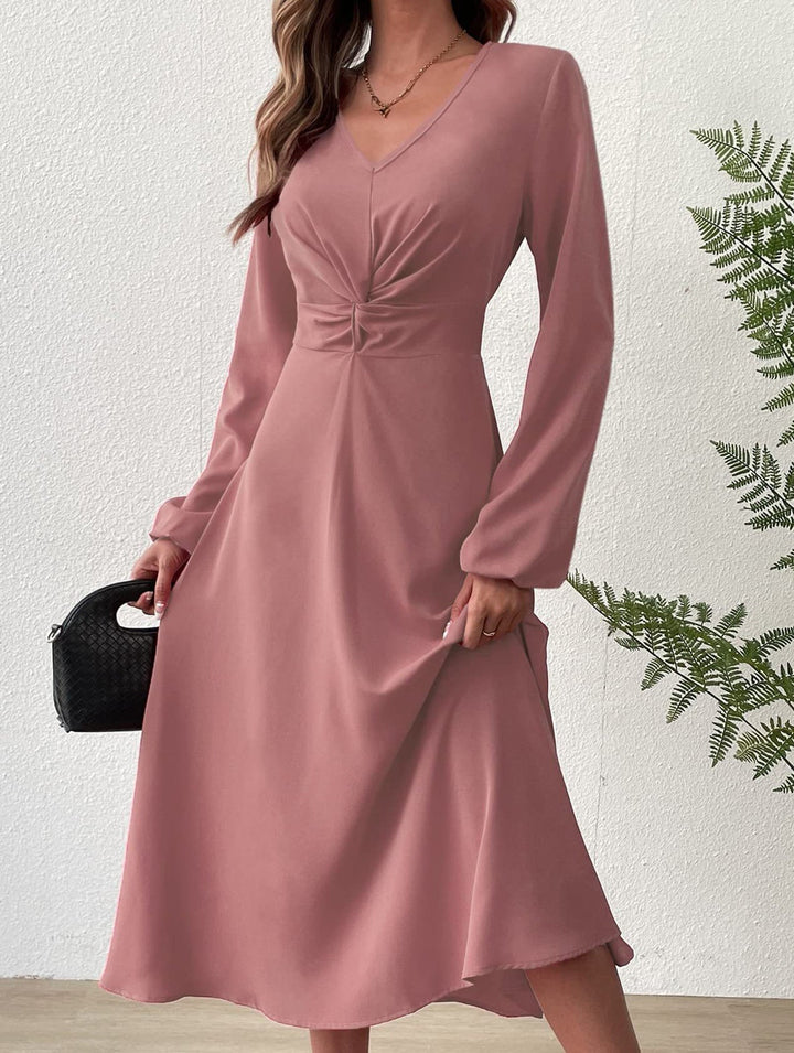 Fashionable V-neck lantern long-sleeved dress – White Dress
