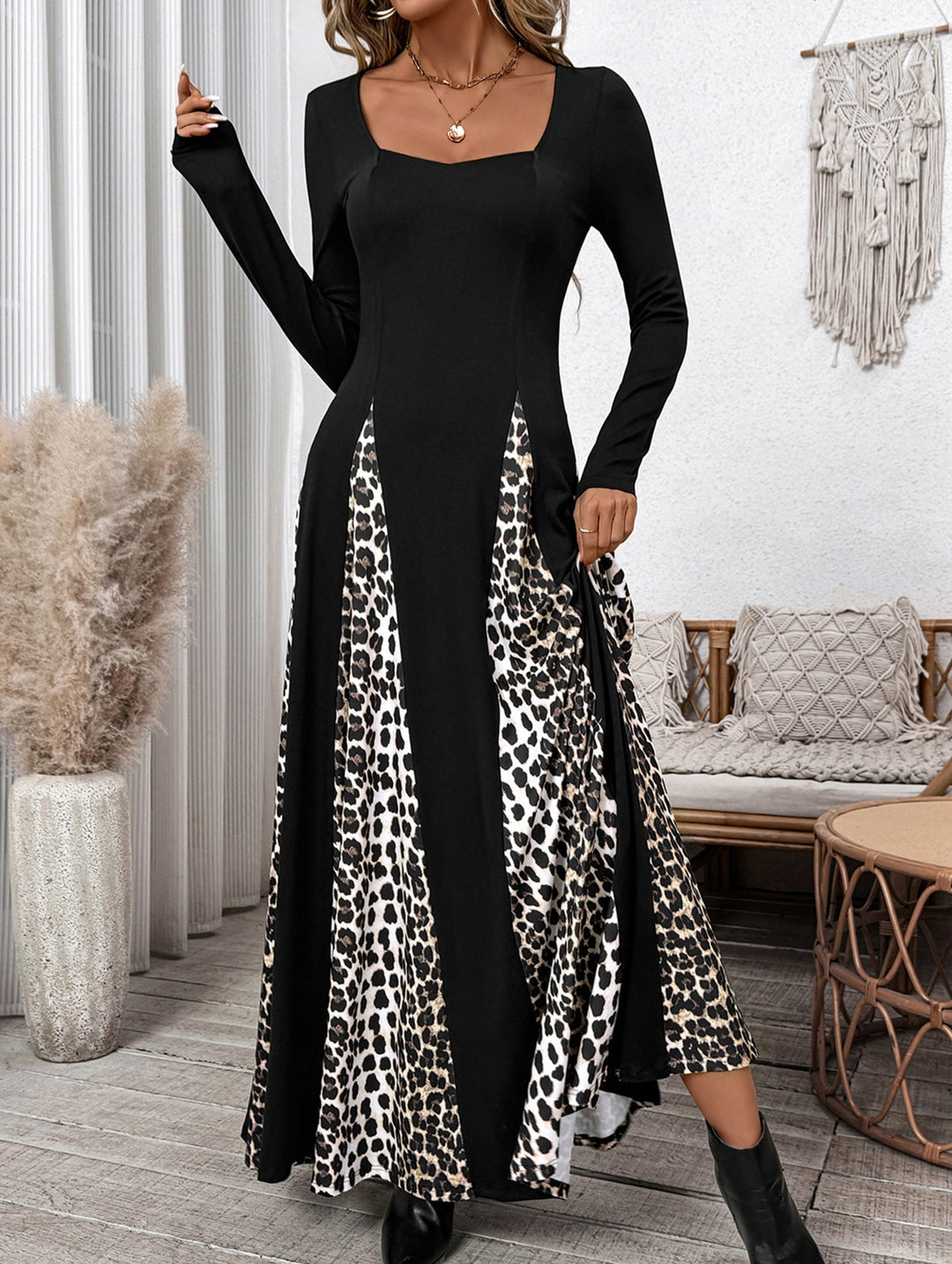 Retro high waist leopard print patchwork dress – Leopard Print Dress