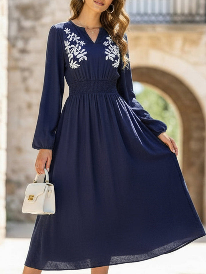 Waist V-neck blue embroidered dress – Light Blue Dress