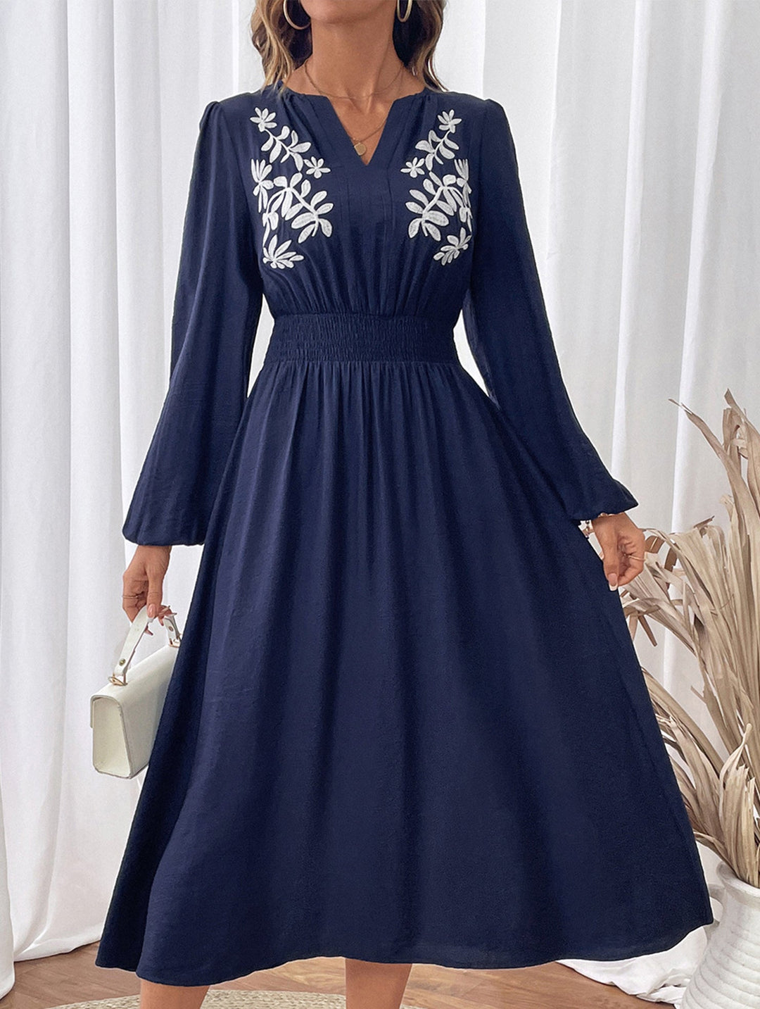 Waist V-neck blue embroidered dress – Light Blue Dress