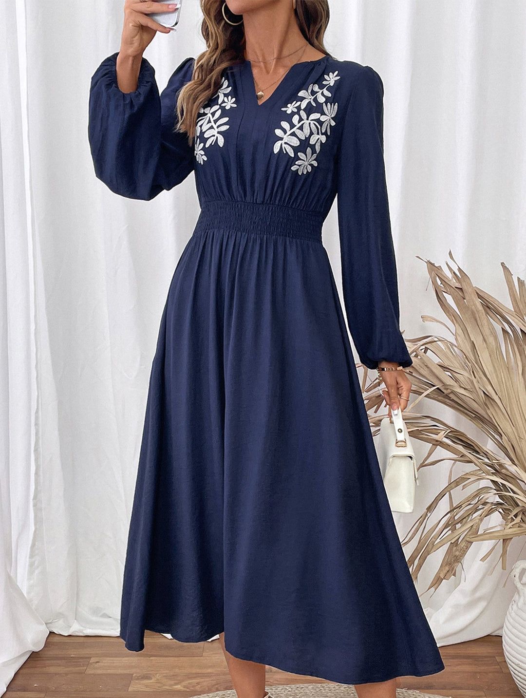 Waist V-neck blue embroidered dress – Light Blue Dress