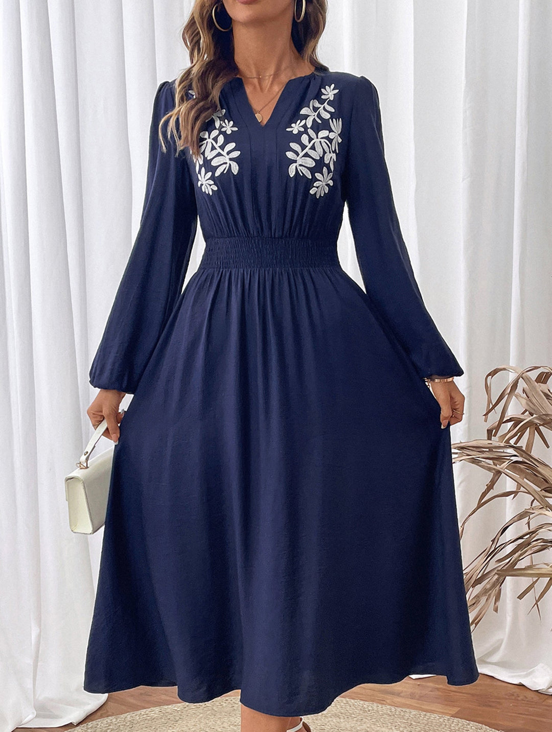 Waist V-neck blue embroidered dress – Light Blue Dress