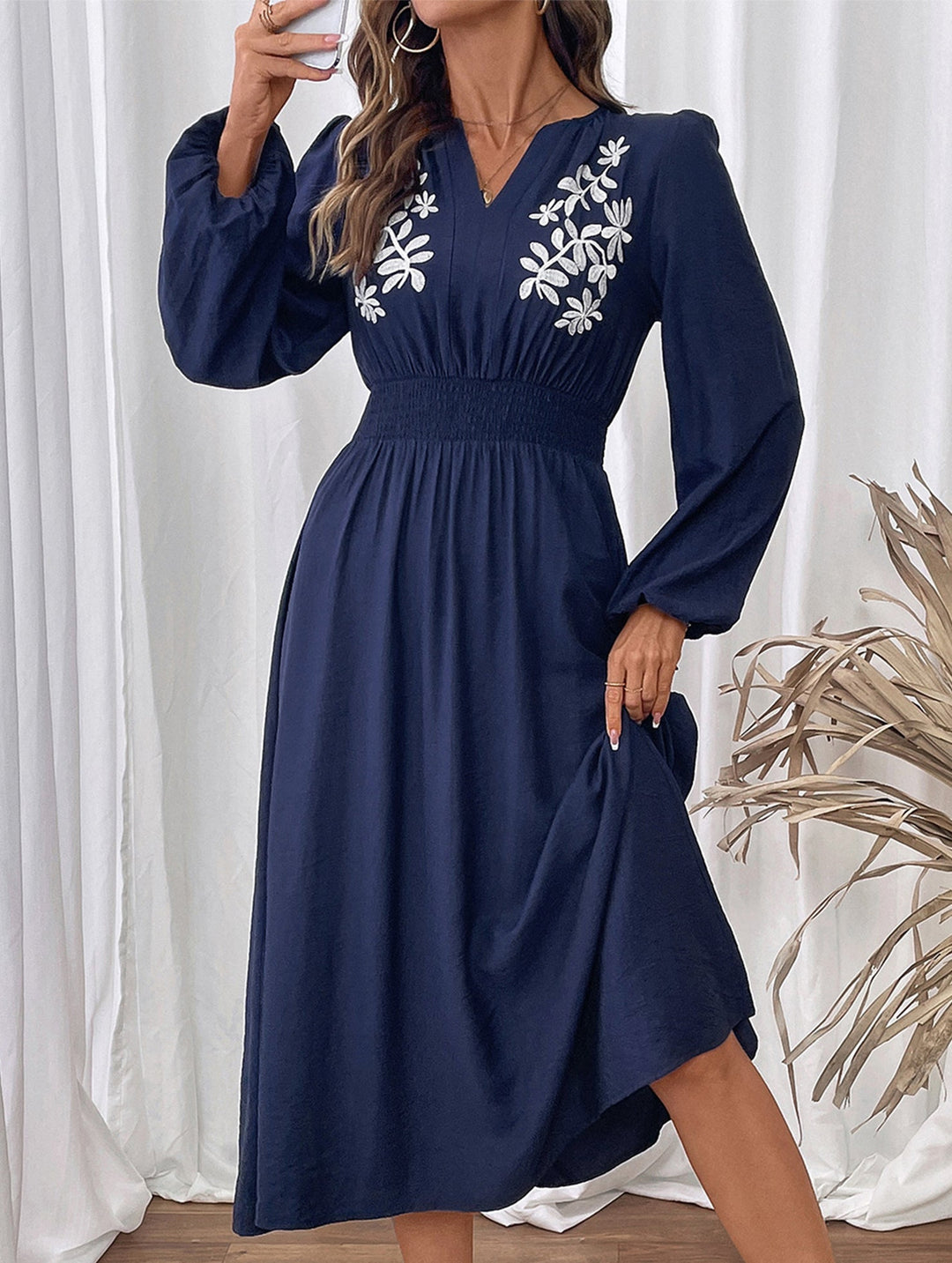 Waist V-neck blue embroidered dress – Light Blue Dress