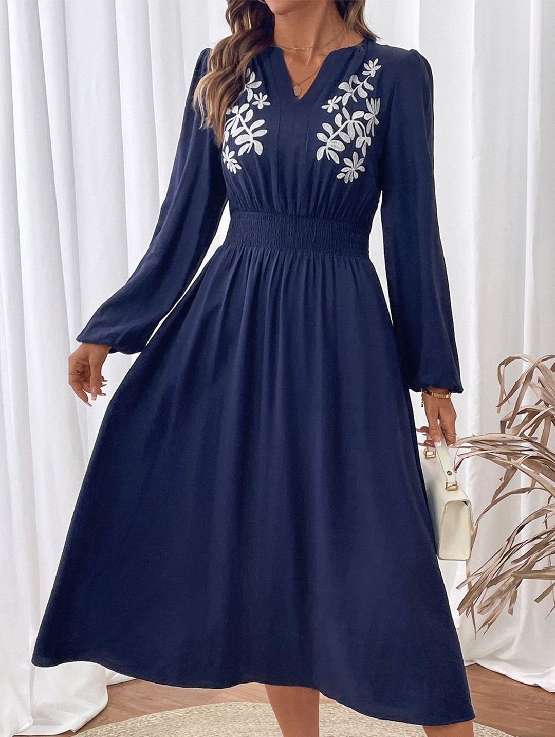 Waist V-neck blue embroidered dress – Light Blue Dress