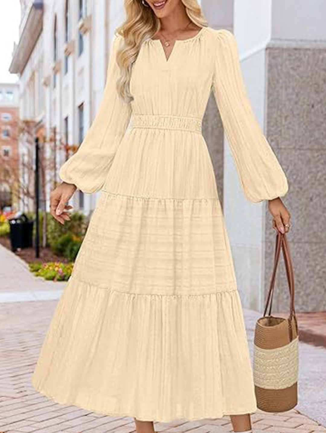 V-neck pleated waist tiered long-sleeved dress – White Dress