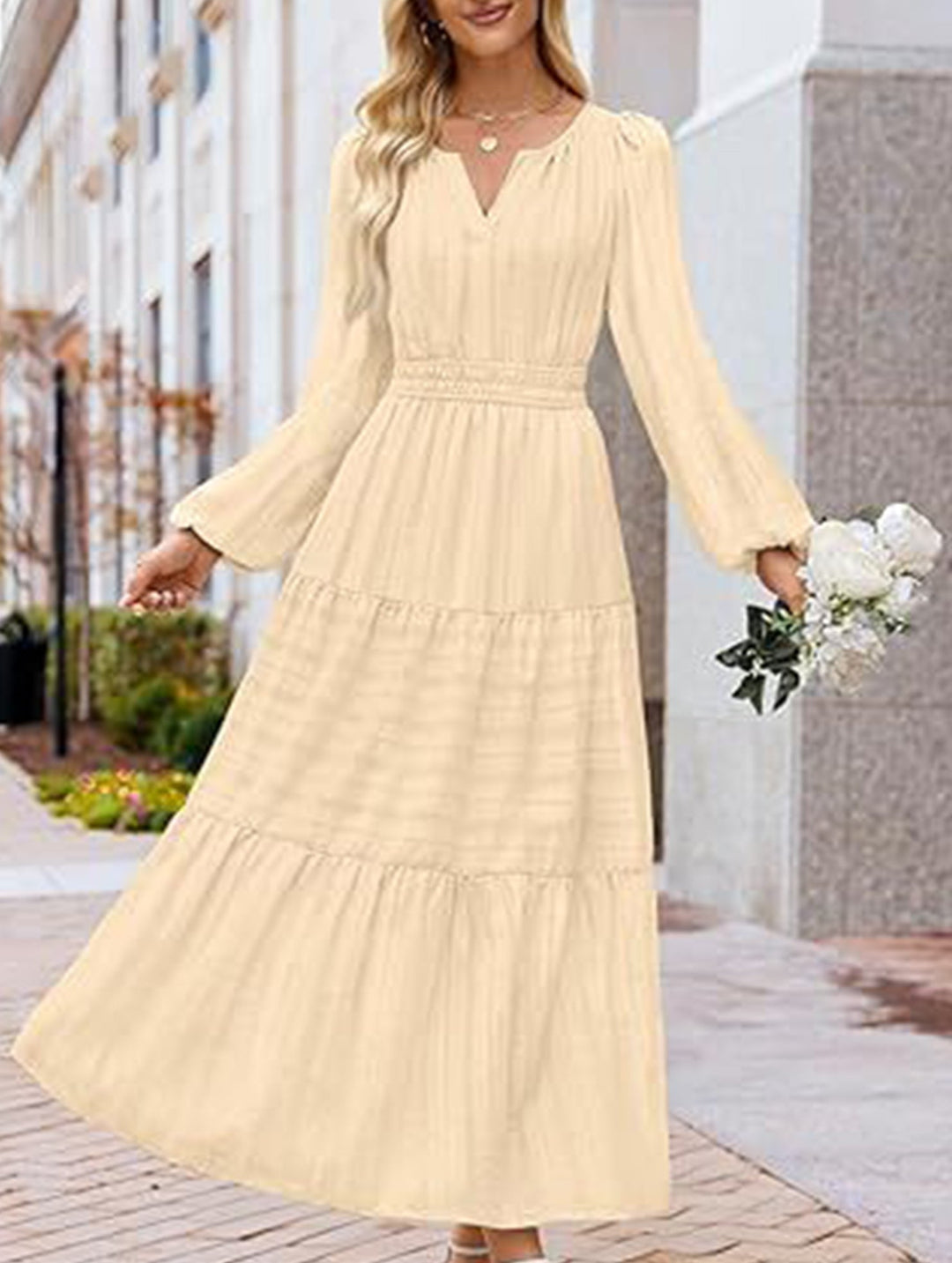 V-neck pleated waist tiered long-sleeved dress – White Dress