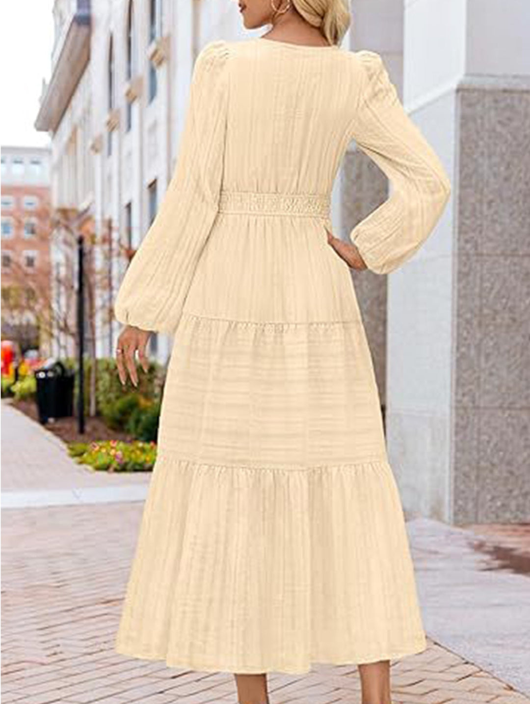 V-neck pleated waist tiered long-sleeved dress – White Dress