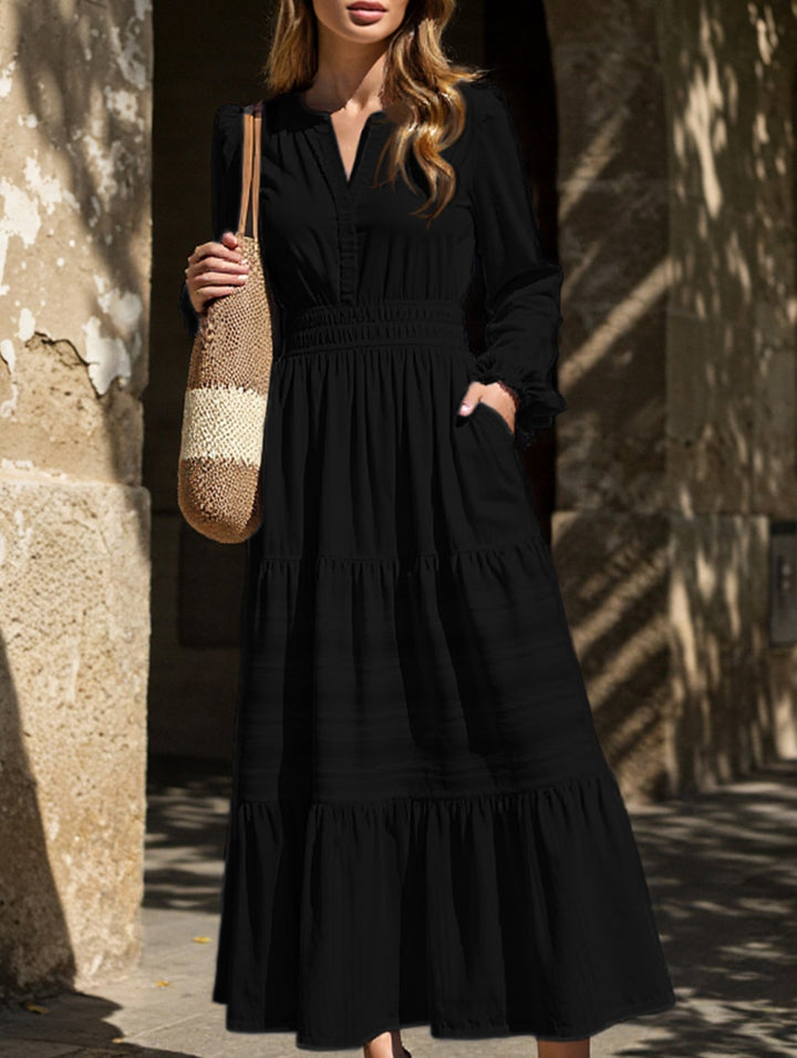 V-neck pleated waist tiered long-sleeved dress – White Dress