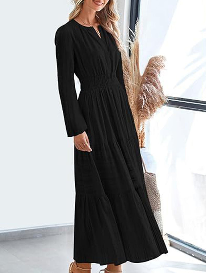 V-neck pleated waist tiered long-sleeved dress – White Dress