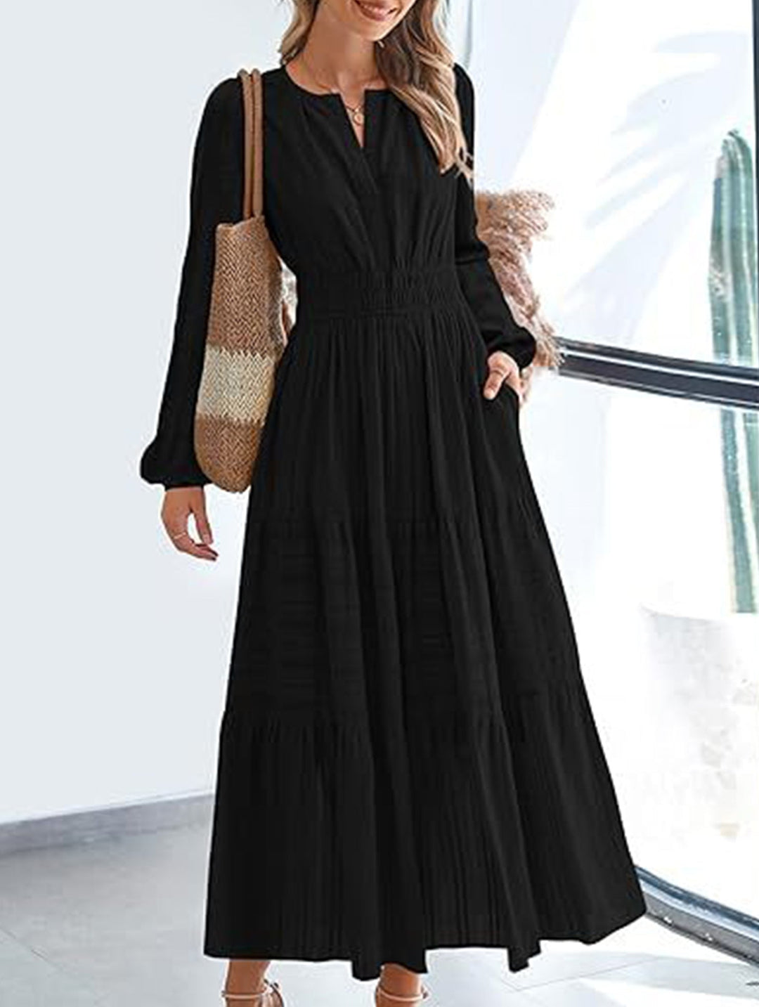 V-neck pleated waist tiered long-sleeved dress – White Dress