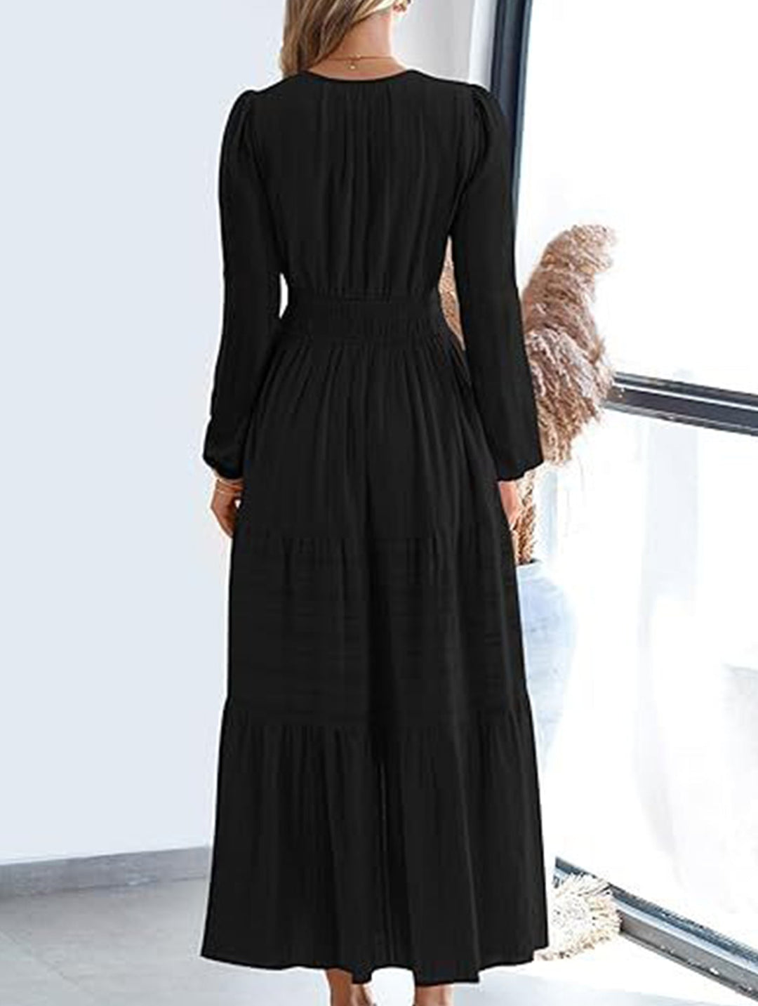 V-neck pleated waist tiered long-sleeved dress – White Dress