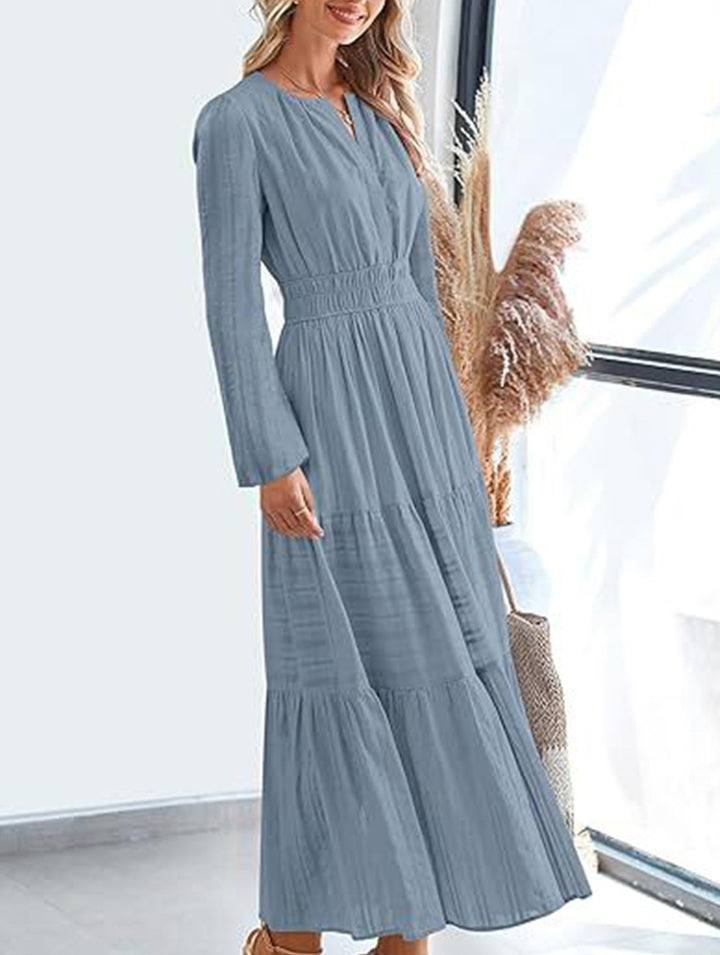 V-neck pleated waist tiered long-sleeved dress – White Dress