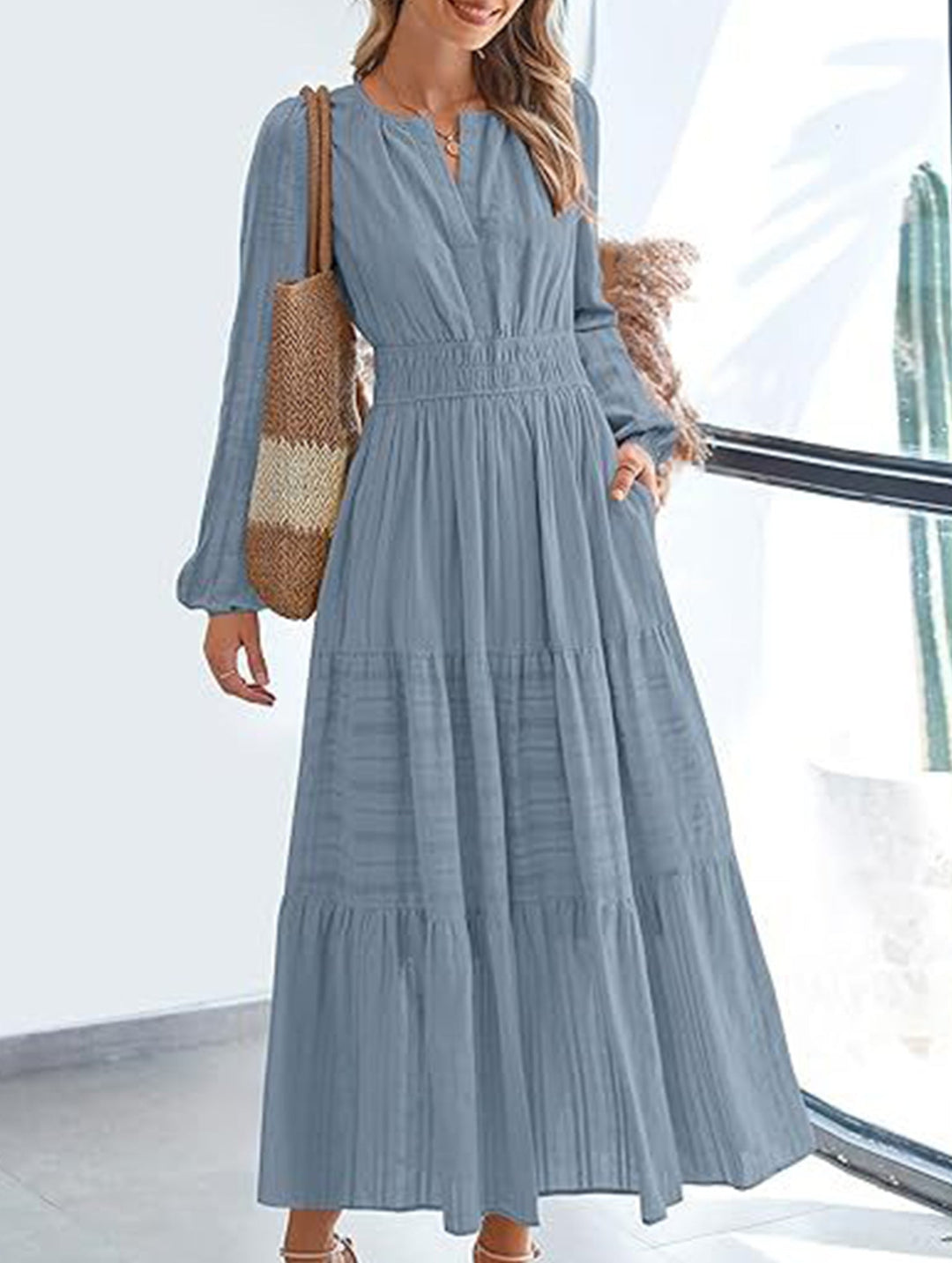 V-neck pleated waist tiered long-sleeved dress – White Dress