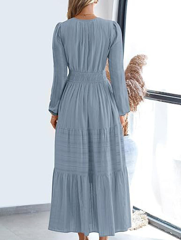 V-neck pleated waist tiered long-sleeved dress – White Dress