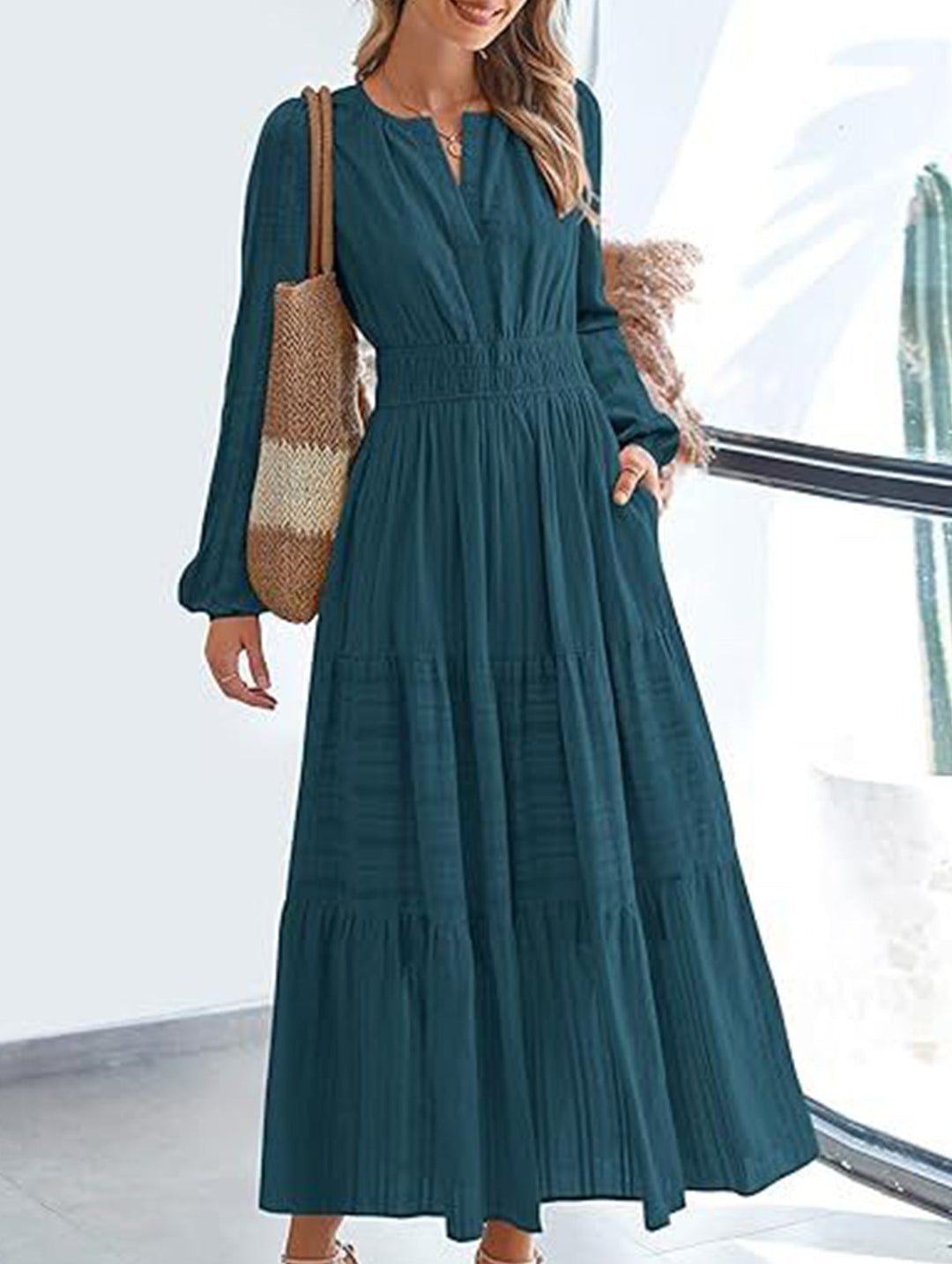 V-neck pleated waist tiered long-sleeved dress – White Dress