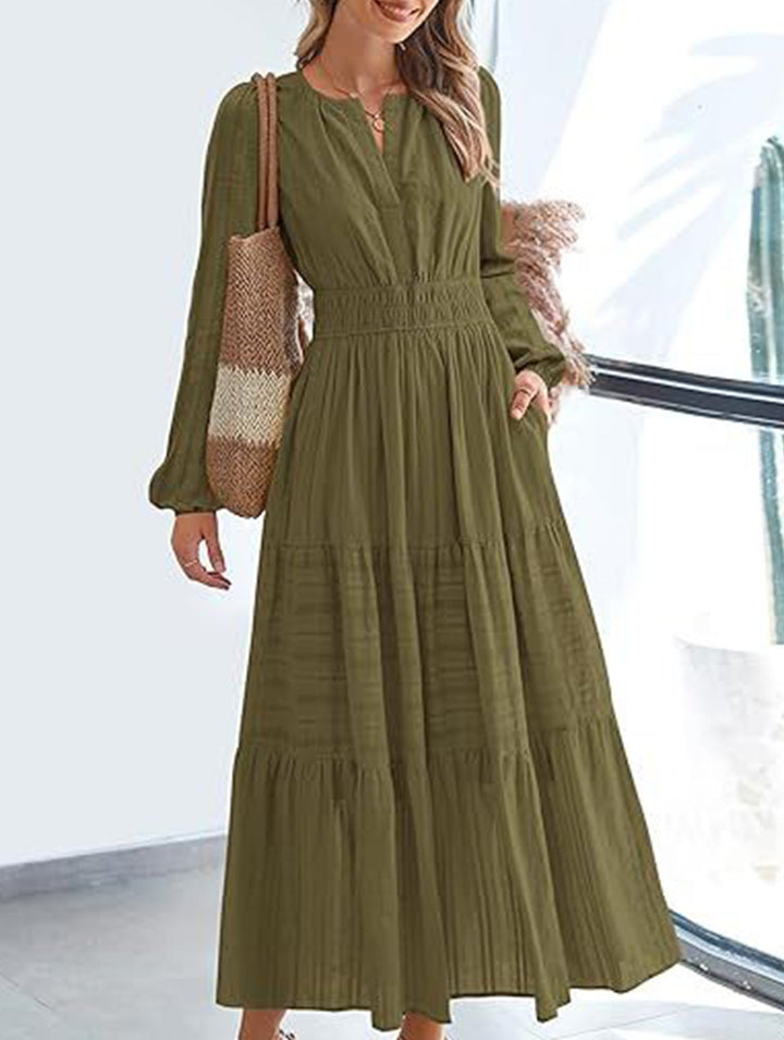V-neck pleated waist tiered long-sleeved dress – White Dress