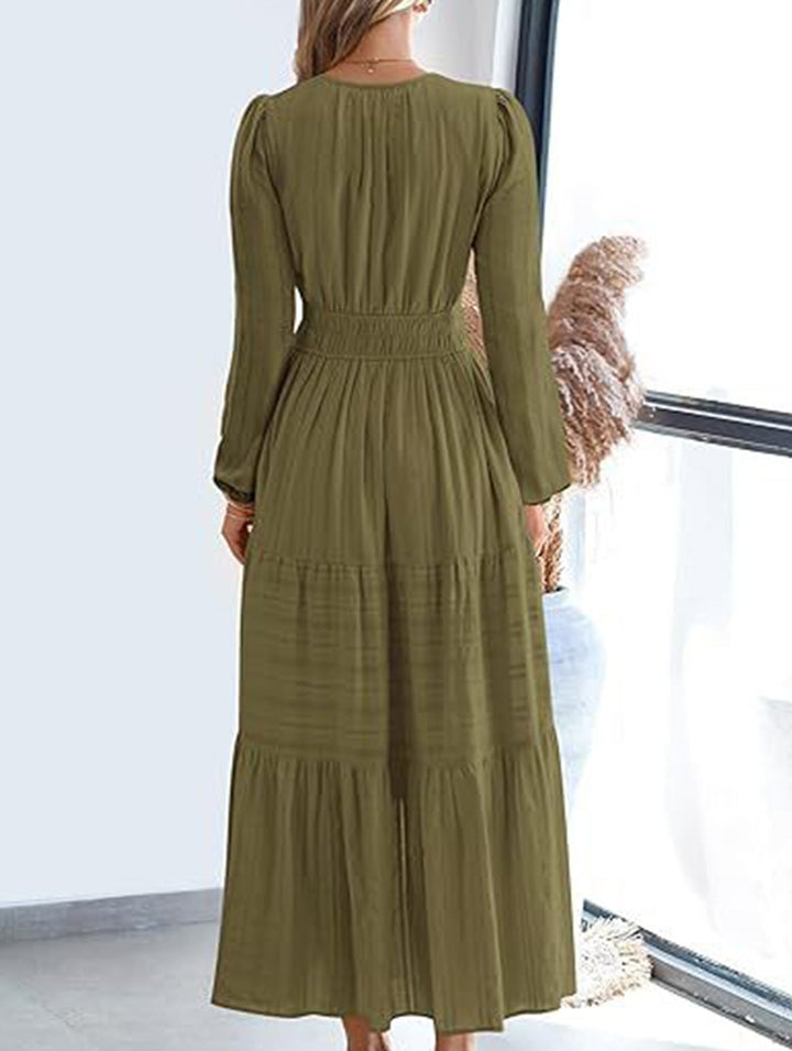 V-neck pleated waist tiered long-sleeved dress – White Dress