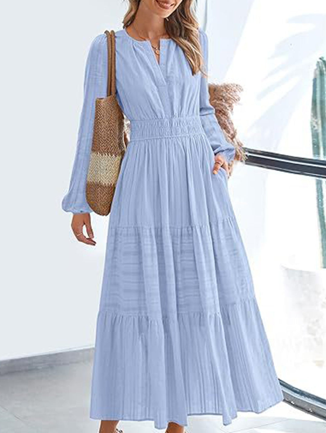 V-neck pleated waist tiered long-sleeved dress – White Dress