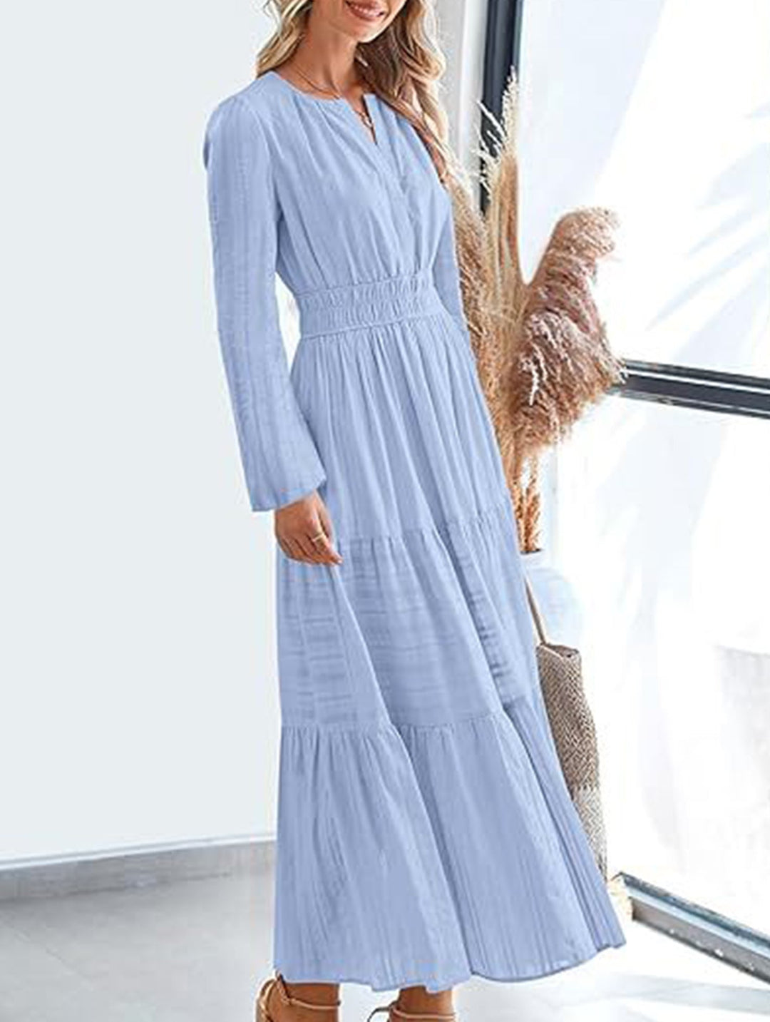 V-neck pleated waist tiered long-sleeved dress – White Dress