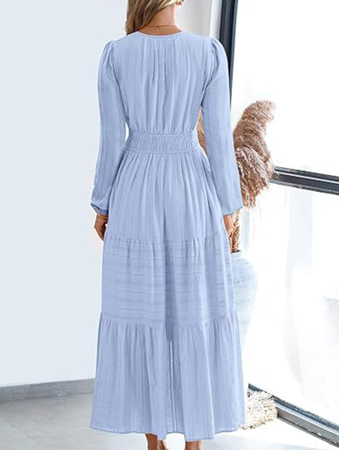 V-neck pleated waist tiered long-sleeved dress – White Dress