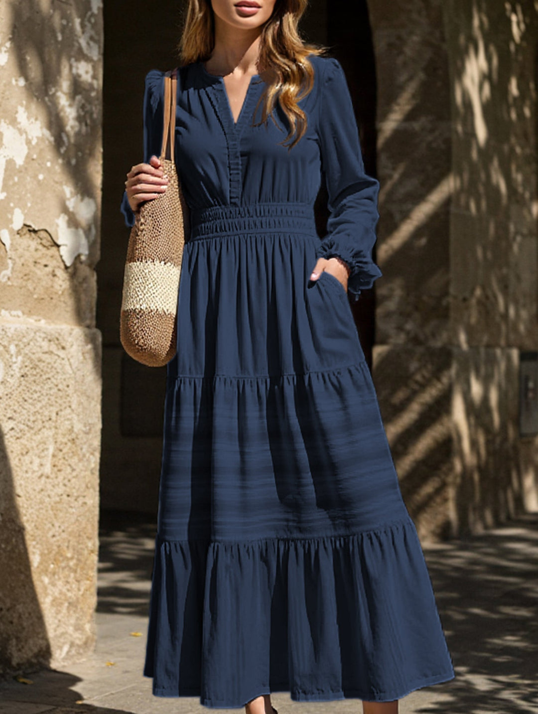 V-neck pleated waist tiered long-sleeved dress – White Dress