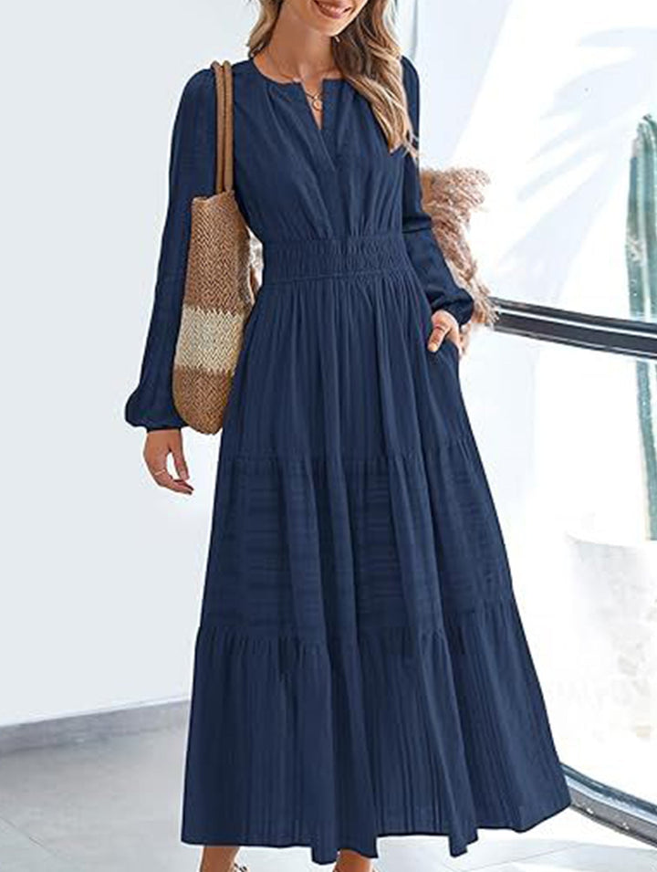V-neck pleated waist tiered long-sleeved dress – White Dress