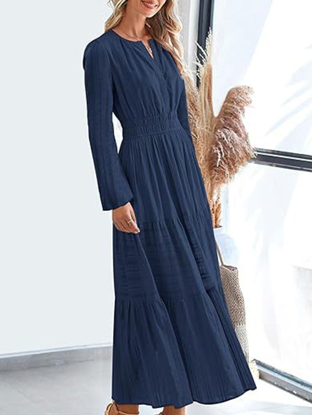 V-neck pleated waist tiered long-sleeved dress – White Dress