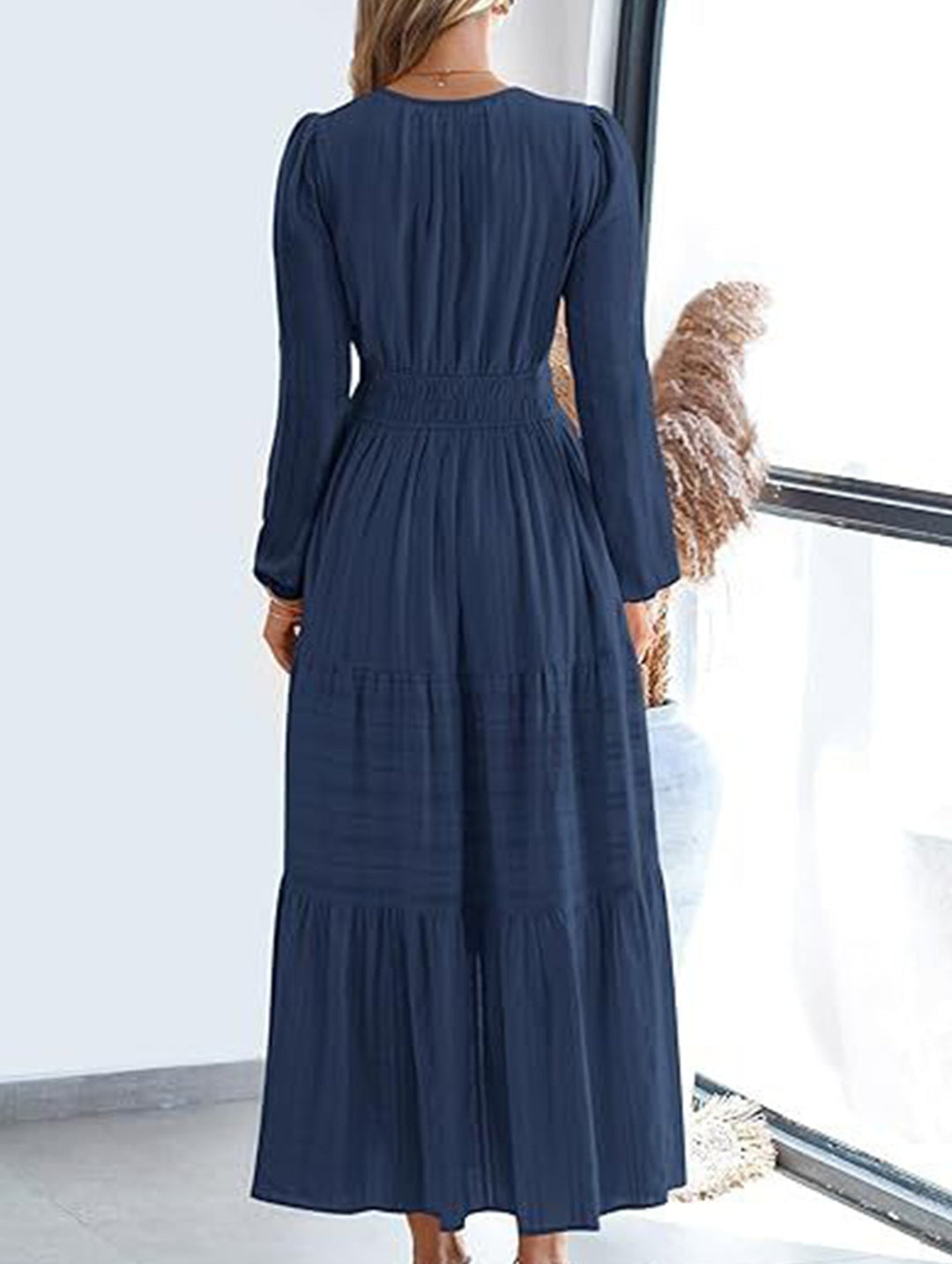 V-neck pleated waist tiered long-sleeved dress – White Dress
