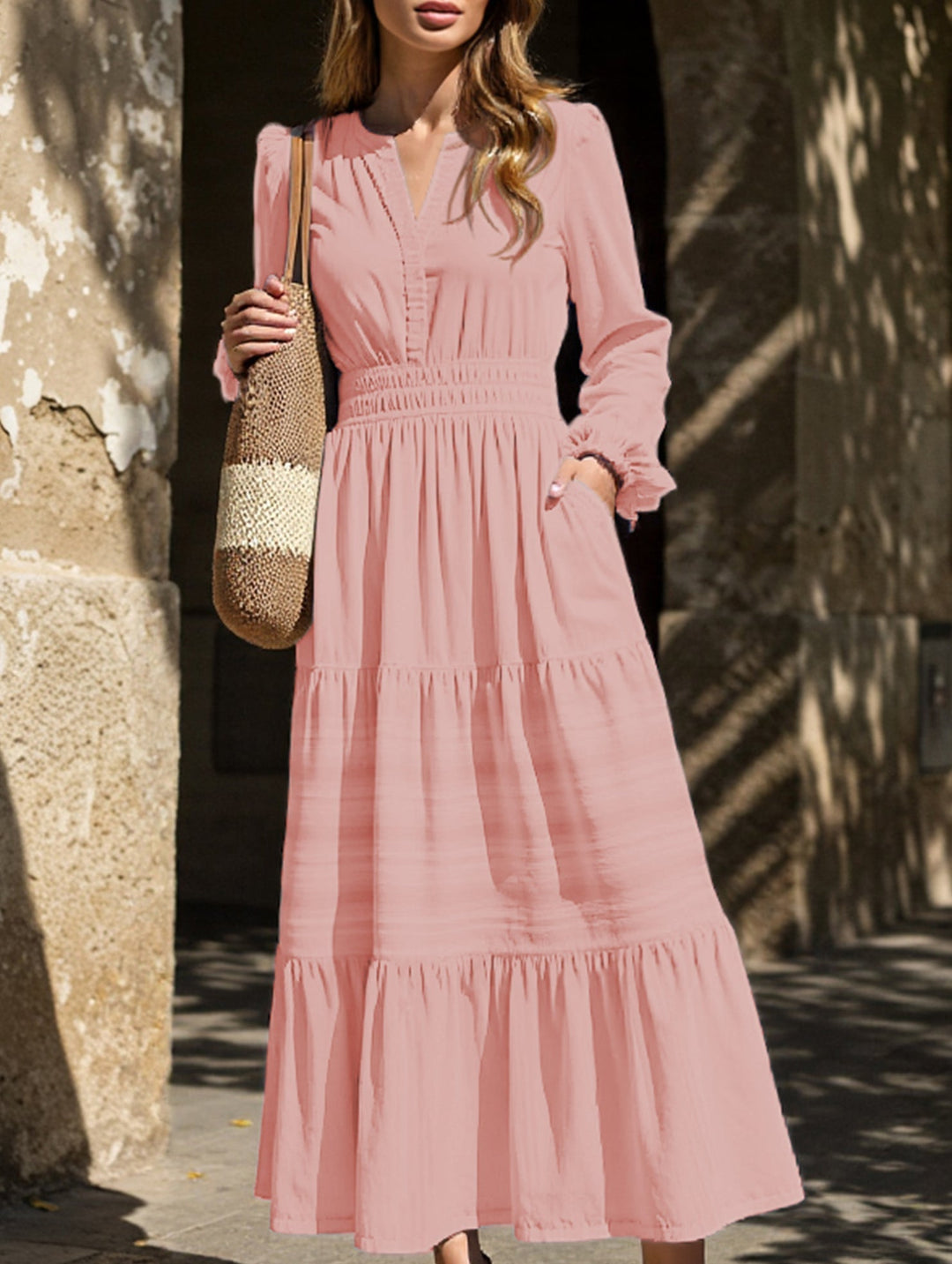 V-neck pleated waist tiered long-sleeved dress – White Dress