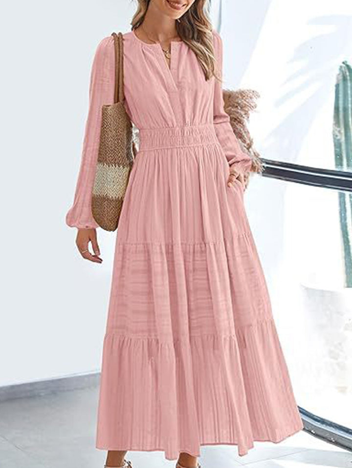 V-neck pleated waist tiered long-sleeved dress – White Dress