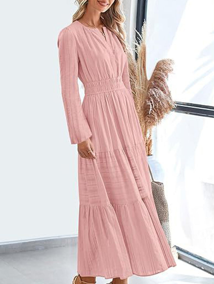 V-neck pleated waist tiered long-sleeved dress – White Dress