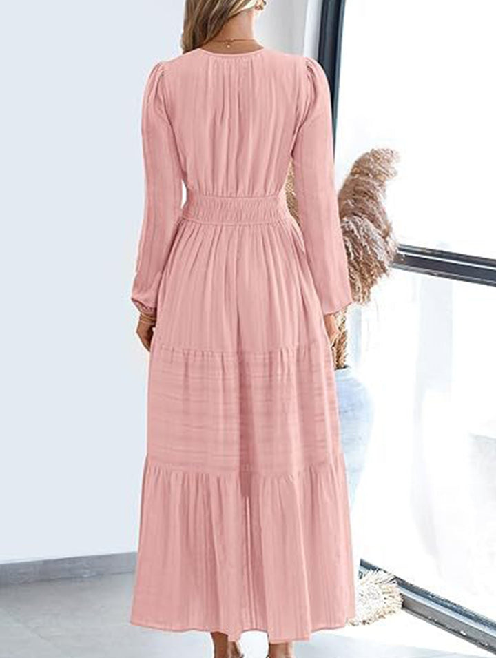 V-neck pleated waist tiered long-sleeved dress – White Dress
