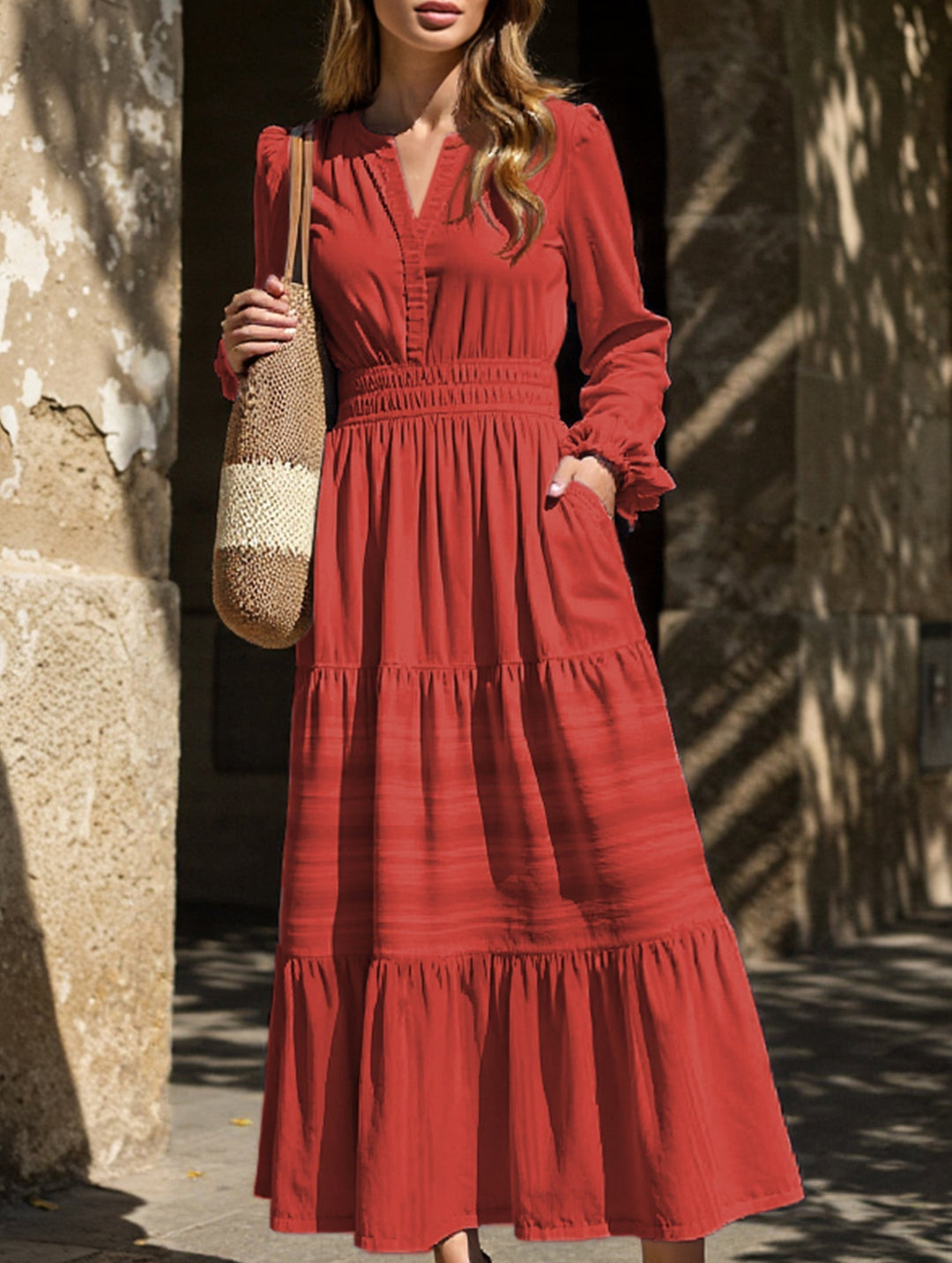 V-neck pleated waist tiered long-sleeved dress – White Dress