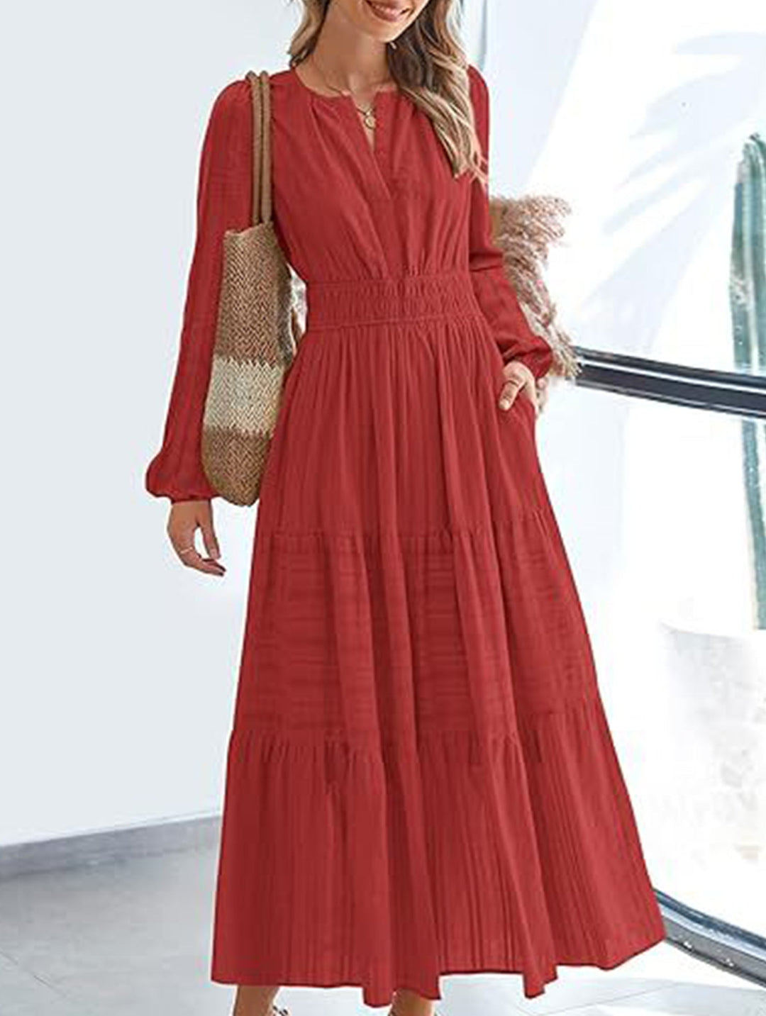 V-neck pleated waist tiered long-sleeved dress – White Dress