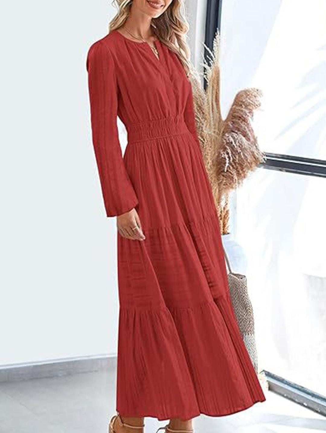 V-neck pleated waist tiered long-sleeved dress – White Dress