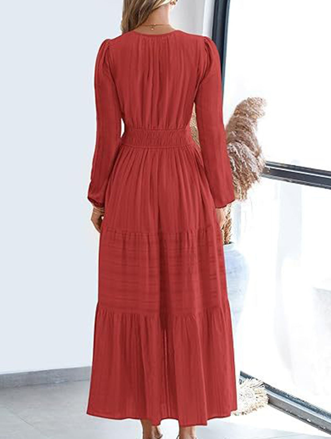 V-neck pleated waist tiered long-sleeved dress – White Dress