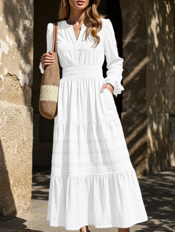 V-neck pleated waist tiered long-sleeved dress – White Dress