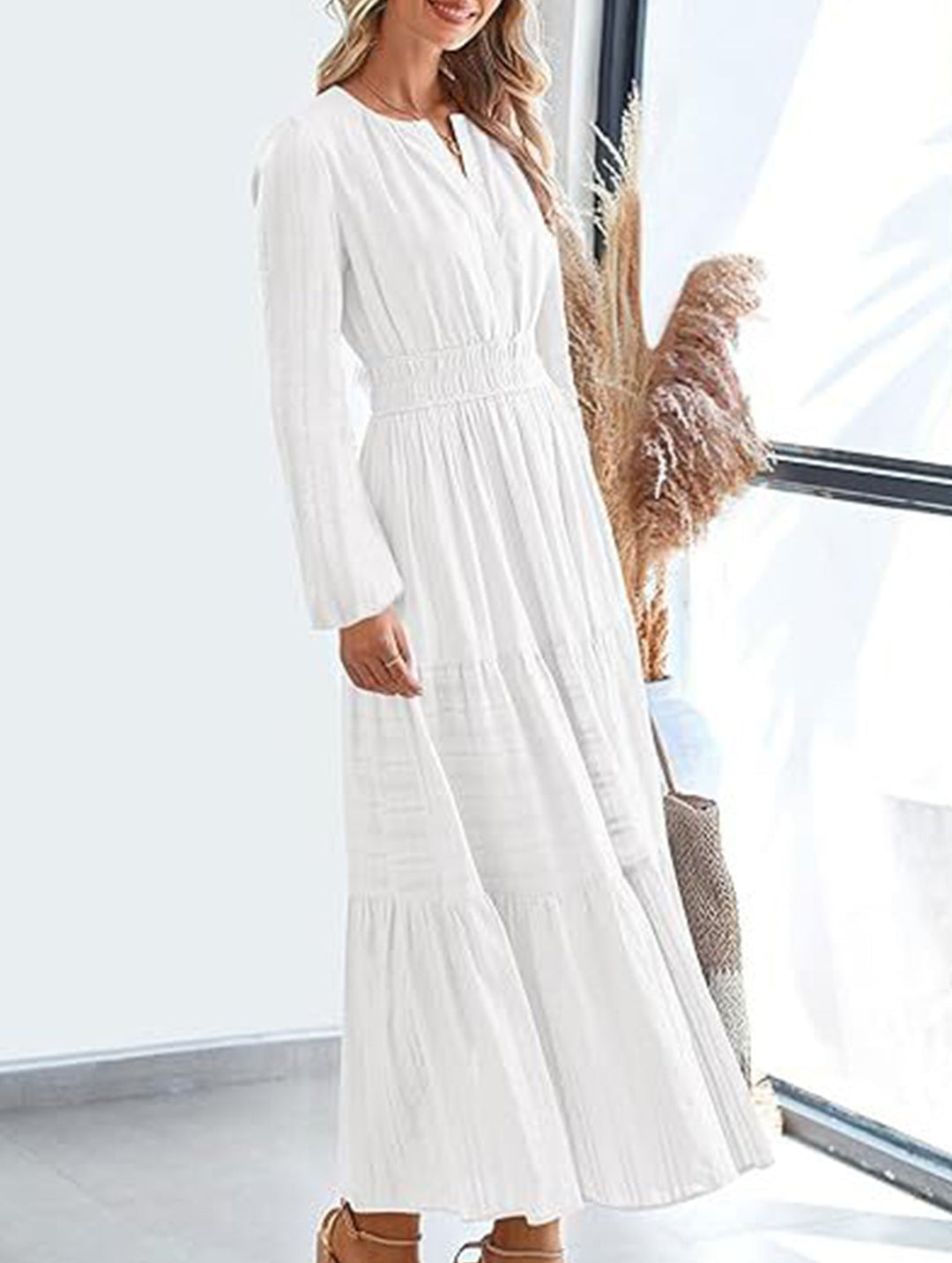 V-neck pleated waist tiered long-sleeved dress – White Dress