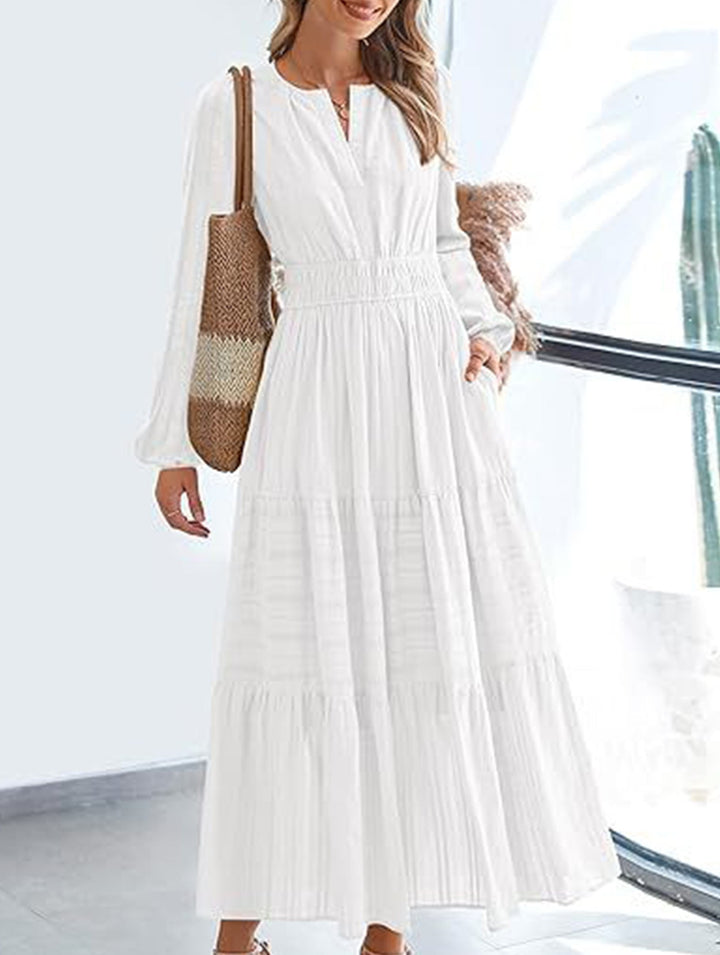 V-neck pleated waist tiered long-sleeved dress – White Dress