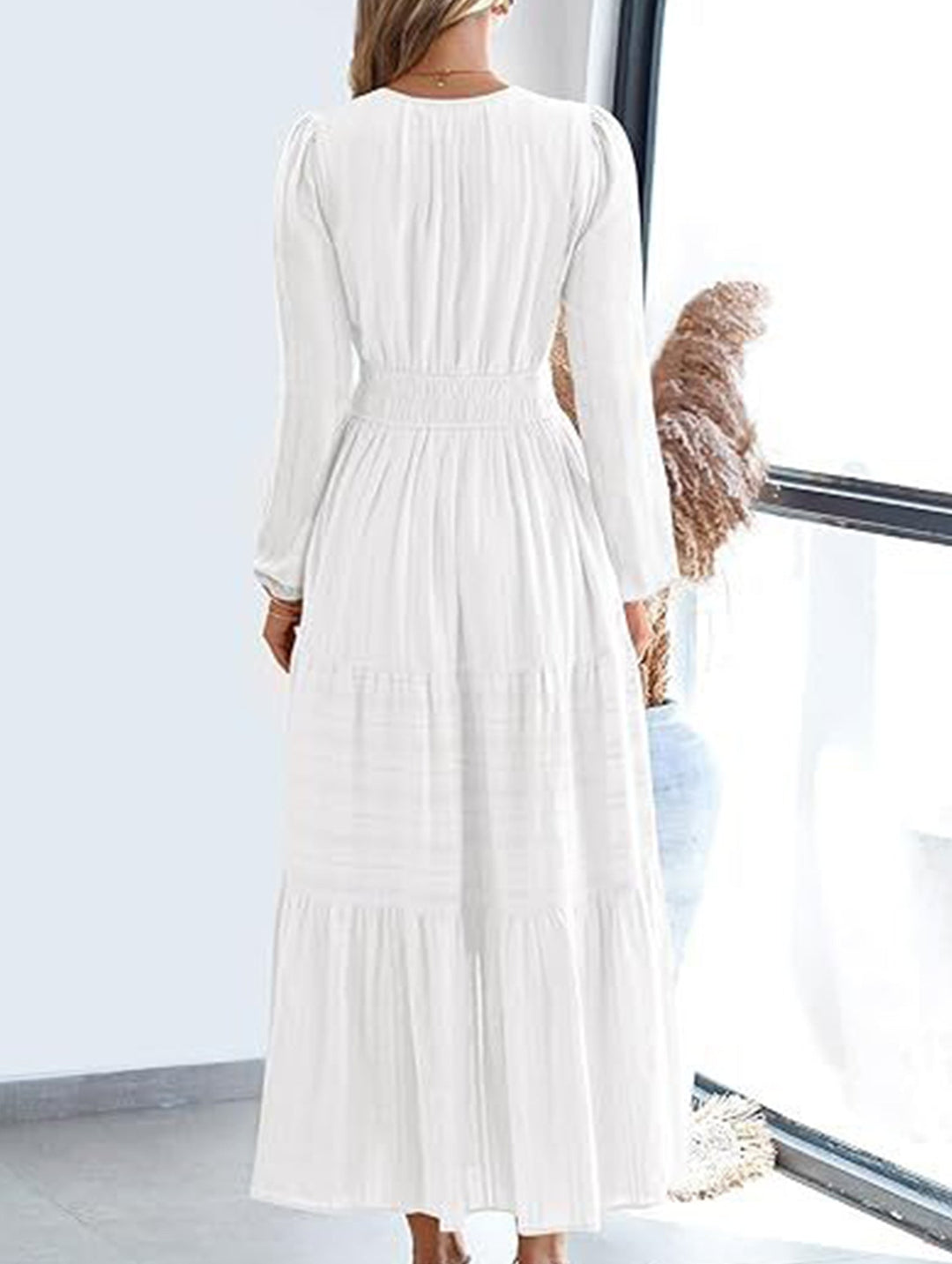 V-neck pleated waist tiered long-sleeved dress – White Dress