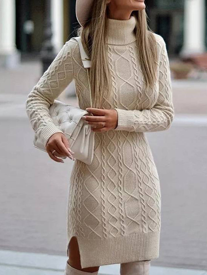 Warm high-neck slim-fit long dress – White Dress