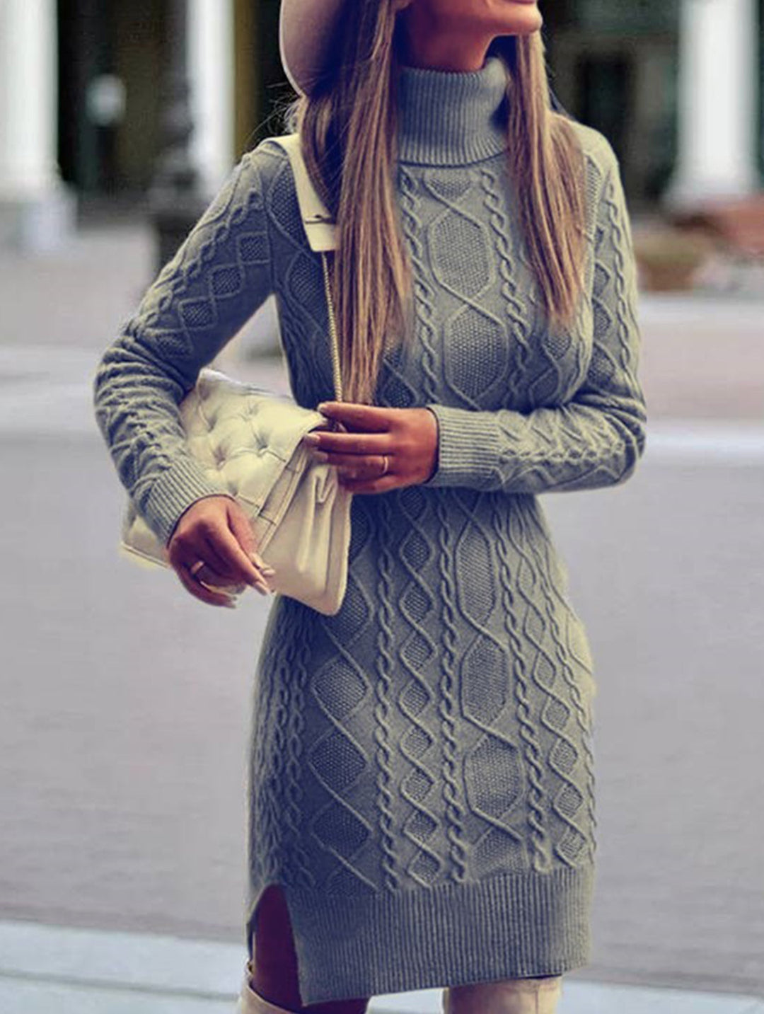 Warm high-neck slim-fit long dress – White Dress