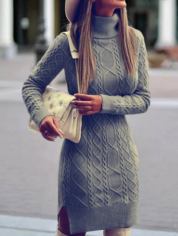 Warm high-neck slim-fit long dress – White Dress
